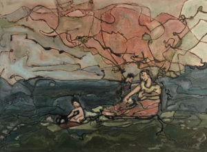 painting of mother and chlldren in pink and blue landscape