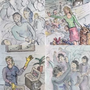 four small watercolour and ink drawings of people's experiences during lockdown