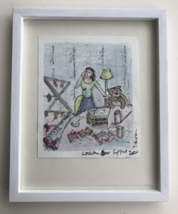framed watercolour painting of a woman at home during lockdown mutli-tasking with work and washing with a soft toy companion