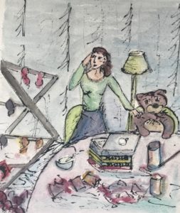 watercolour of a woman working at home during lockdown