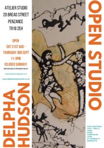 poster that advertises open studio, bright colours and painting of people dancing