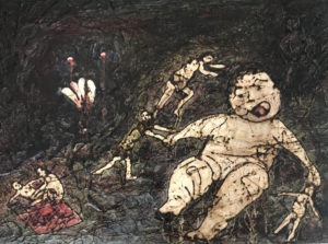 painting of a large baby and a monster and lots of small figures rushing around