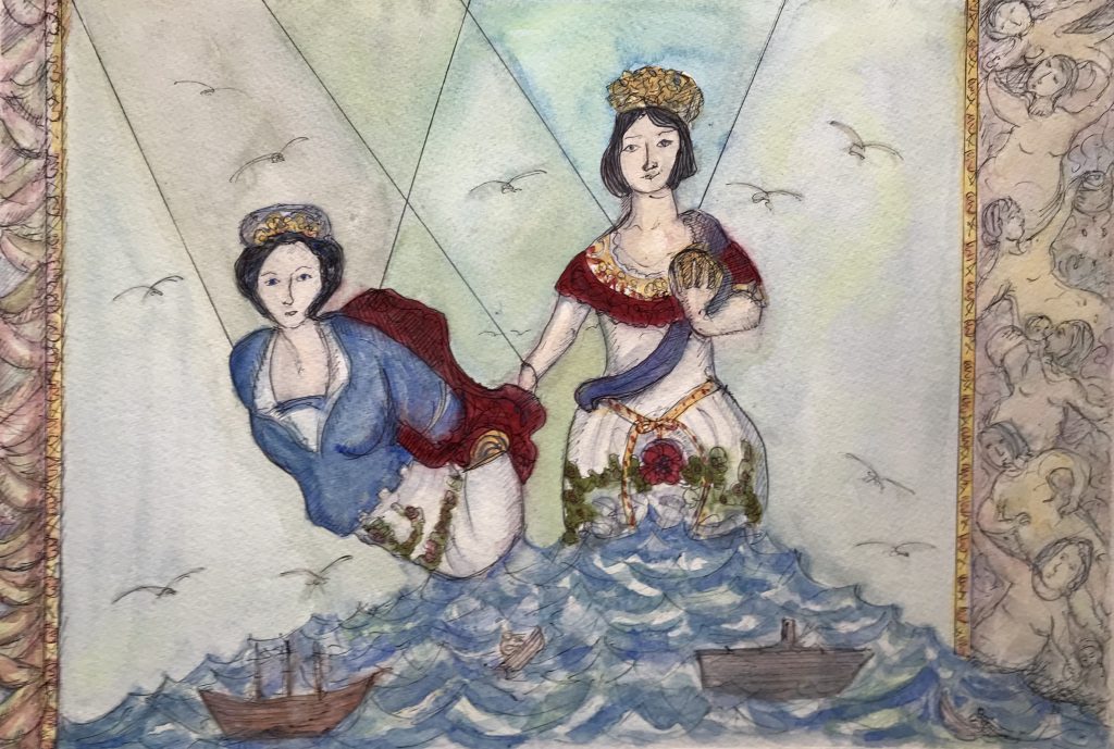figureheads from ships watercolour painting