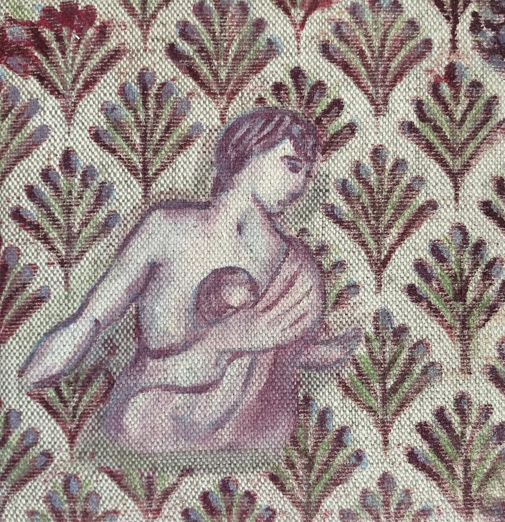 small painting on linen with pattern and a mother and child figure