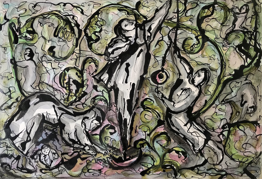 chaotic watercolour painting with ink with patterns with 3 figures showing movement and empathy