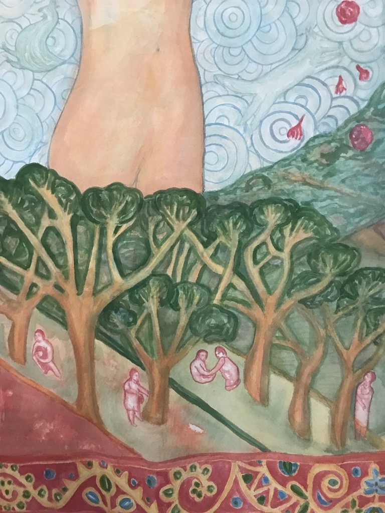 Detail of large painting by Delpha Hudson of cork trees with figures resting in the shad and the cork woman emerging from the trees 