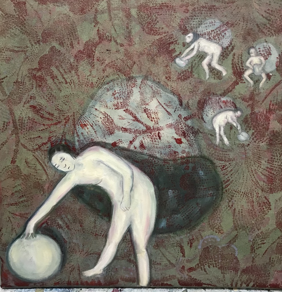 oil and acrylic painting with figures of women carrying bags surrounded by pattern