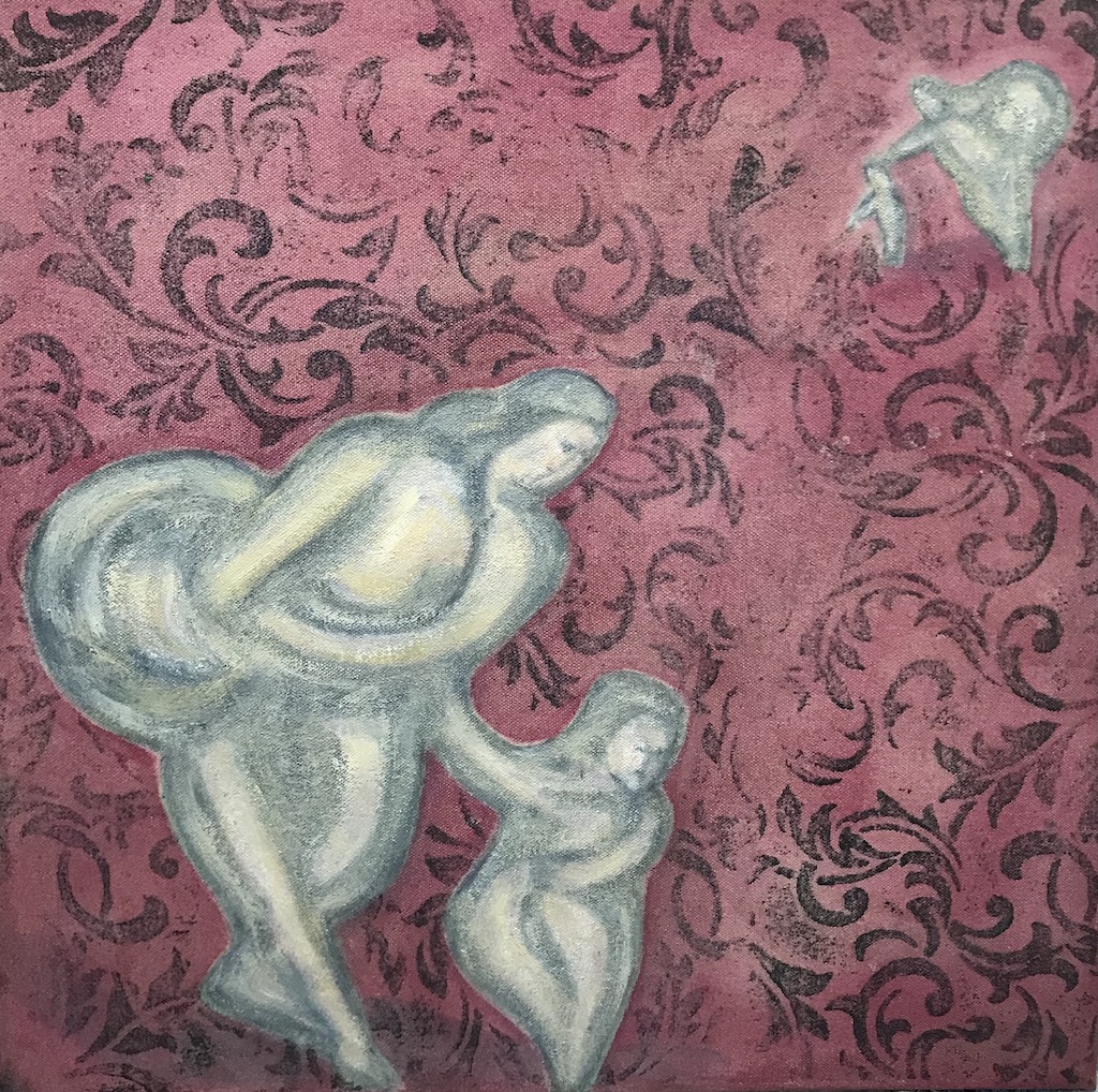 Oil and acrylic painting with figures of a mother carrying a heavy burden and a child surrounded by pattern